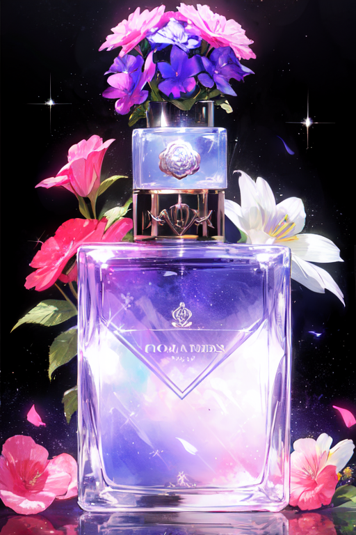 no human, perfume bottle, pink flowers,  the universe, purple theme, black background